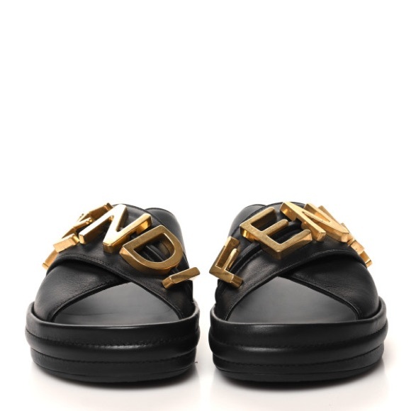 FENDI Vitello Women's Fendigraphy Slide Sandals 37 Black & Gold - Picture 4 of 9